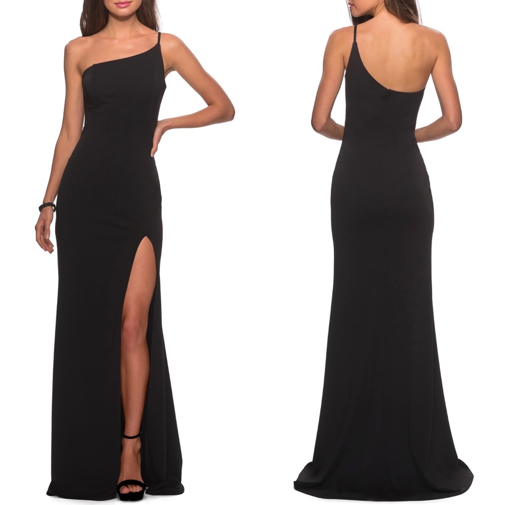 NEW LA FEMME Black One Shoulder Jersey Slit Gown